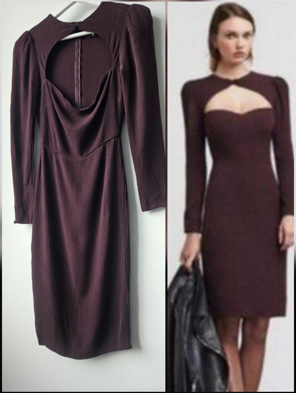 Reformation Wine Crinkle Open Neck Puff Long Sleeve Mid Length Dress